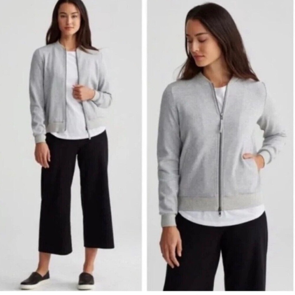 EILEEN FISHER Gray 100% Organic Cotton Knit 2-Way Zip Bomber Jacket size 1X - Picture 2 of 14